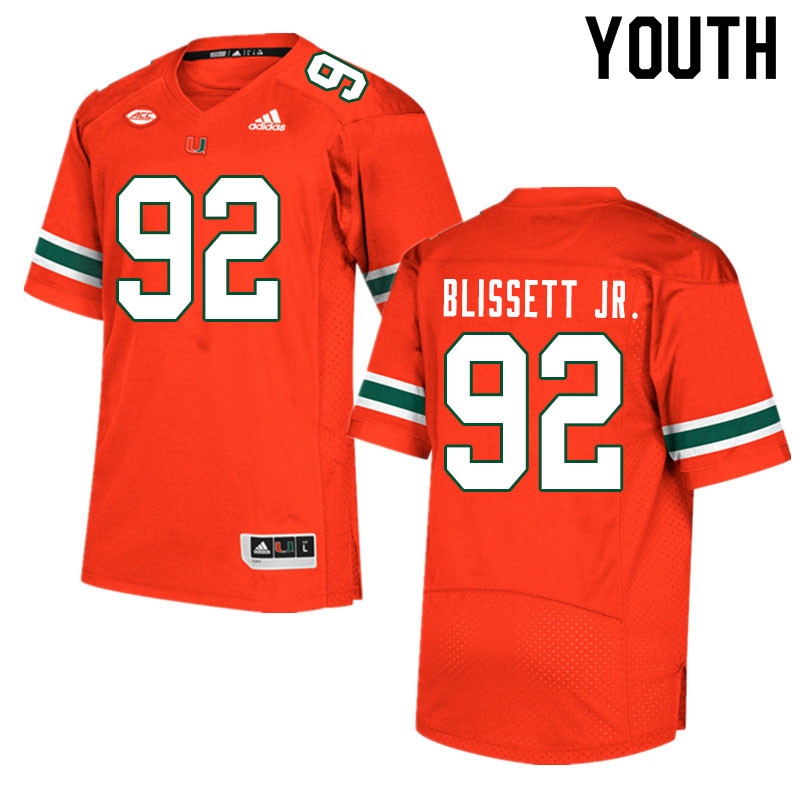 Youth #92 Jason Blissett Jr. Miami Hurricanes College Football Jerseys Sale-Orange - Click Image to Close